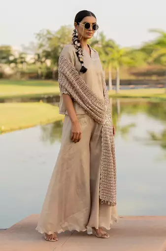 Beige tissue embroidered sharara set