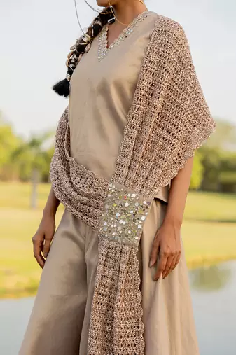 Beige tissue embroidered sharara set