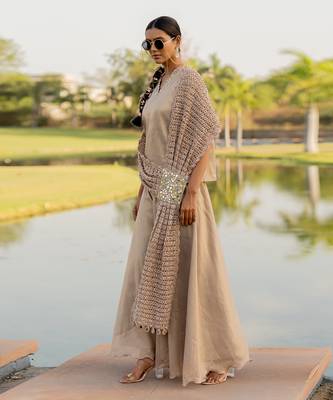 Beige tissue embroidered sharara set 4