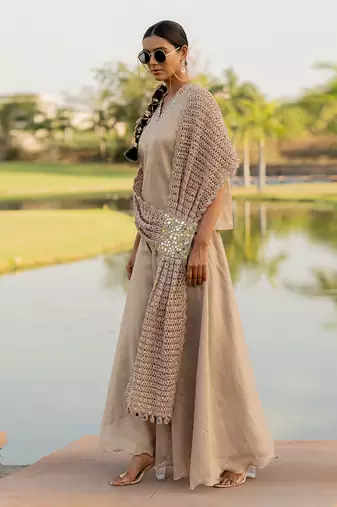 Beige tissue embroidered sharara set