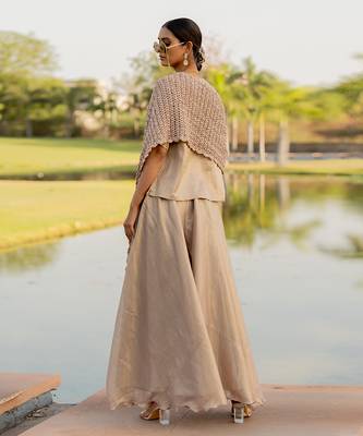 Beige tissue embroidered sharara set 5