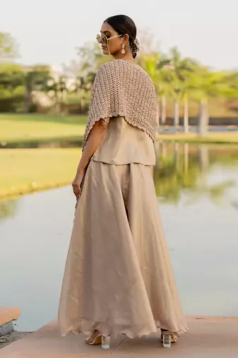 Beige tissue embroidered sharara set
