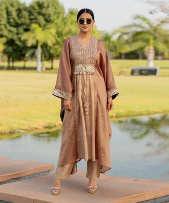 Rose gold tissue embroidered kaftan pant set 1