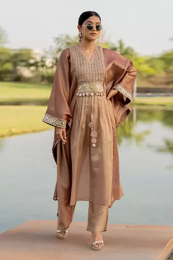 Rose gold tissue embroidered kaftan pant set