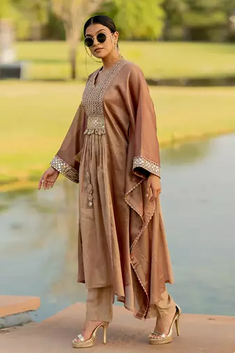 Rose gold tissue embroidered kaftan pant set