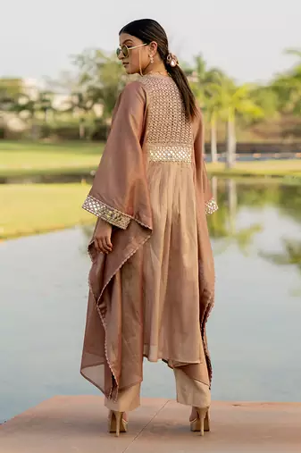 Rose gold tissue embroidered kaftan pant set