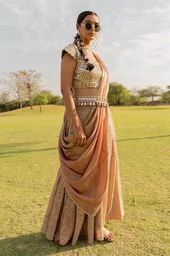 Rose gold tissue embroidered sharara set