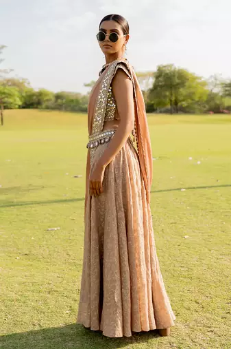 Rose gold tissue embroidered sharara set