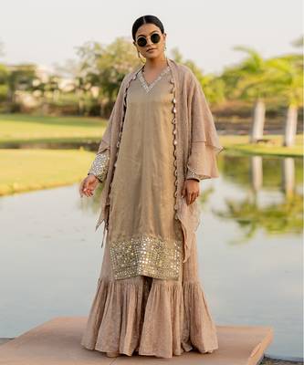 Beige tissue embroidered kurta sharara set 1