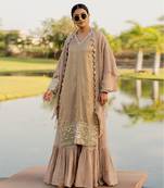 Beige tissue embroidered kurta sharara set