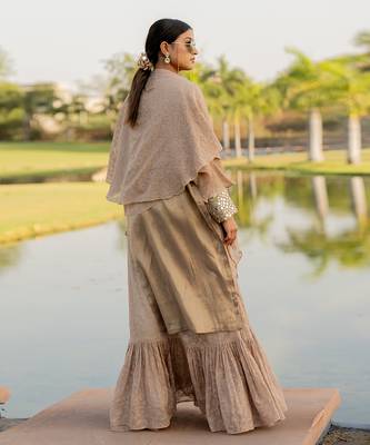 Beige tissue embroidered kurta sharara set 2