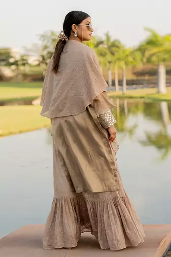 Beige tissue embroidered kurta sharara set