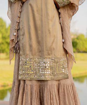Beige tissue embroidered kurta sharara set 3