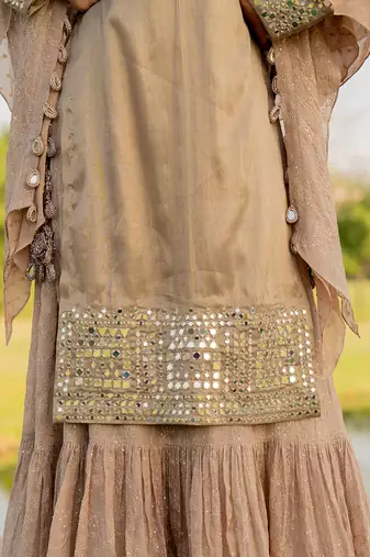 Beige tissue embroidered kurta sharara set