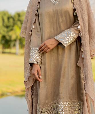 Beige tissue embroidered kurta sharara set 4