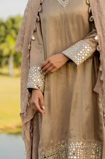 Beige tissue embroidered kurta sharara set