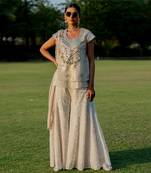 Gold tissue embroidered peplum top flared pant set