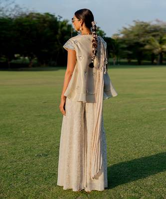 Gold tissue embroidered peplum top flared pant set 2