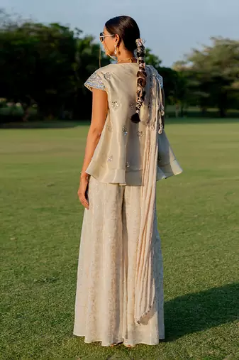 Gold tissue embroidered peplum top flared pant set