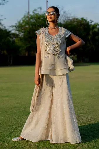 Gold tissue embroidered peplum top flared pant set
