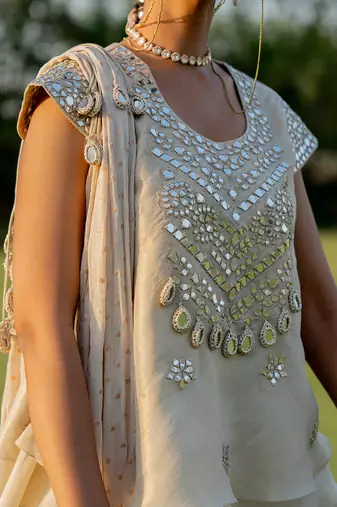 Gold tissue embroidered peplum top flared pant set