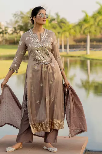 Silver tissue embroidered kurta set