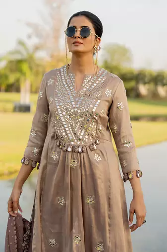 Silver tissue embroidered kurta set