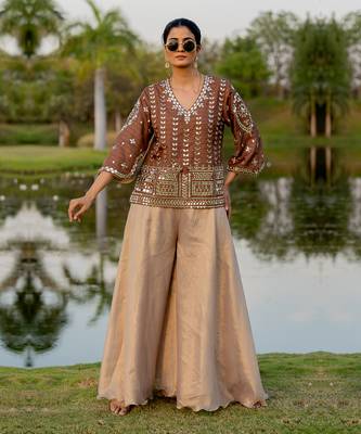 Brown raw silk embroidered sharara set 1
