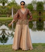Brown raw silk embroidered sharara set