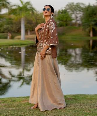 Brown raw silk embroidered sharara set 2