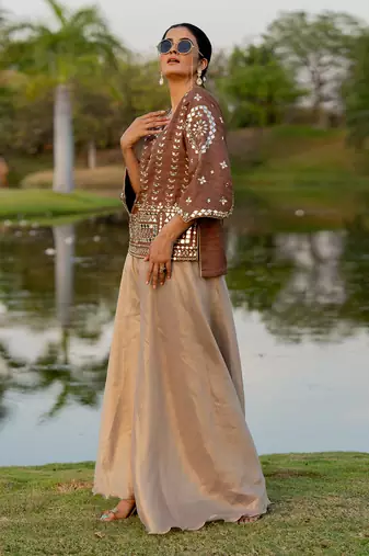 Brown raw silk embroidered sharara set