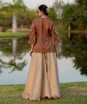 Brown raw silk embroidered sharara set 3