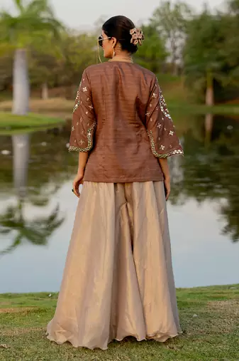 Brown raw silk embroidered sharara set