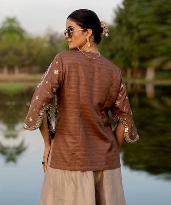 Brown raw silk embroidered sharara set 4