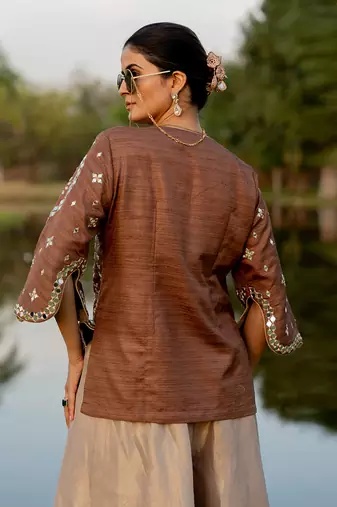 Brown raw silk embroidered sharara set