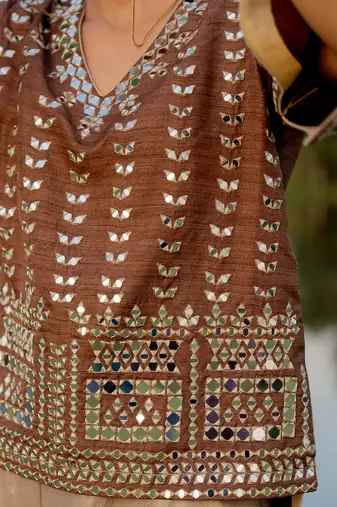 Brown raw silk embroidered sharara set