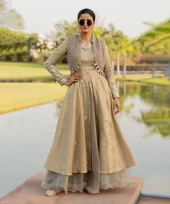 Beige Tissue Embroidered Lehenga Set 1