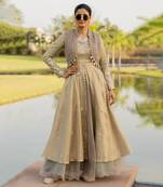 Beige Tissue Embroidered Lehenga Set