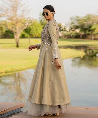 Beige Tissue Embroidered Lehenga Set 2