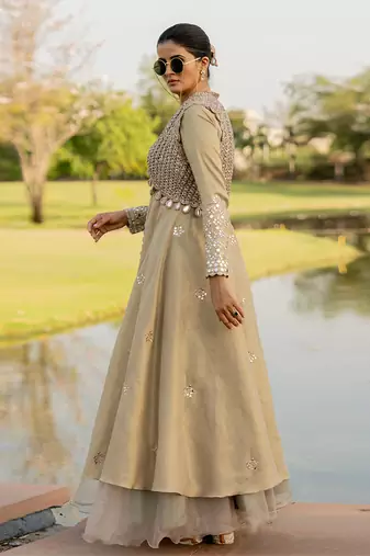 Beige Tissue Embroidered Lehenga Set
