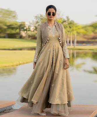 Beige Tissue Embroidered Lehenga Set 3