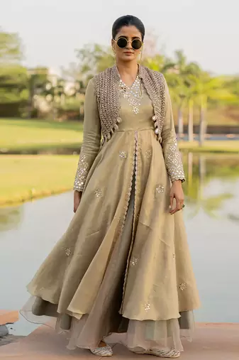 Beige Tissue Embroidered Lehenga Set