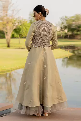 Beige Tissue Embroidered Lehenga Set