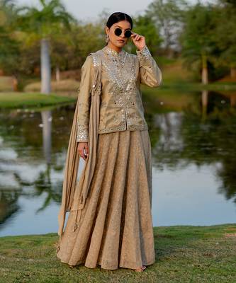 Beige Tissue Embroidered Jacket Kurta Skirt Set 1