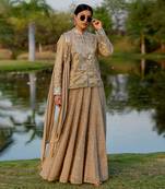 Beige Tissue Embroidered Jacket Kurta Skirt Set