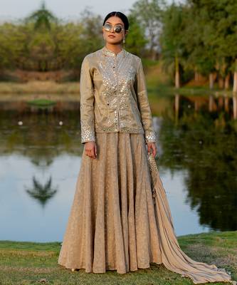 Beige Tissue Embroidered Jacket Kurta Skirt Set 2