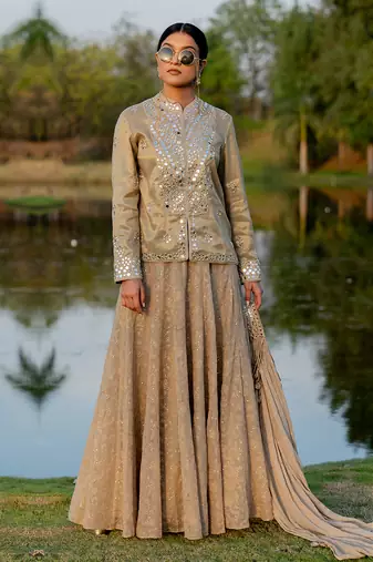 Beige Tissue Embroidered Jacket Kurta Skirt Set