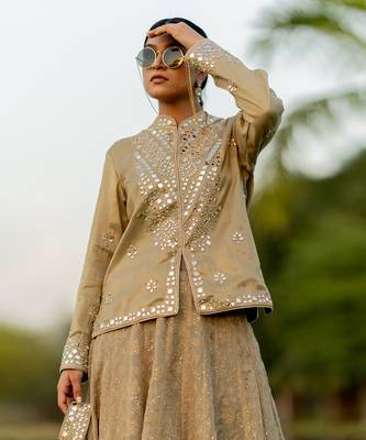 Beige Tissue Embroidered Jacket Kurta Skirt Set 3