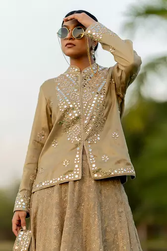 Beige Tissue Embroidered Jacket Kurta Skirt Set