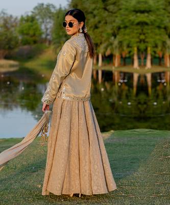 Beige Tissue Embroidered Jacket Kurta Skirt Set 4